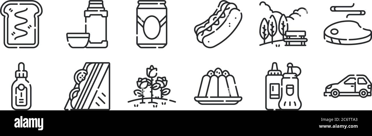 ensemble de 12 icônes de contour mince telles que voiture, pudding, sandwich, parc, bière canette, boisson chaude pour le web, mobile Illustration de Vecteur
