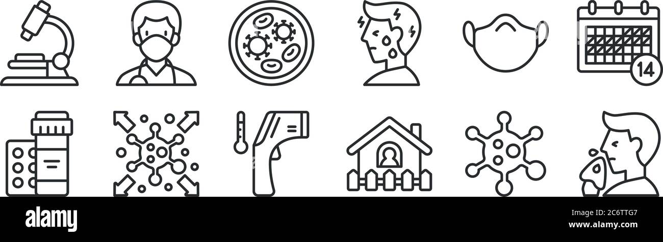 ensemble de 12 icônes de contour mince comme éternuer, quarantaine, pandémie, masque médical, boîte de petri, médecin pour le web, mobile Illustration de Vecteur