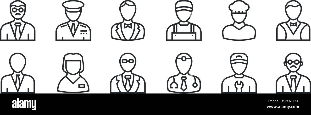 ensemble de 12 icônes de contour mince comme professeur, docteur, baby-sitter, boulanger, maître d'hôtel, capitaine pour le web, mobile Illustration de Vecteur