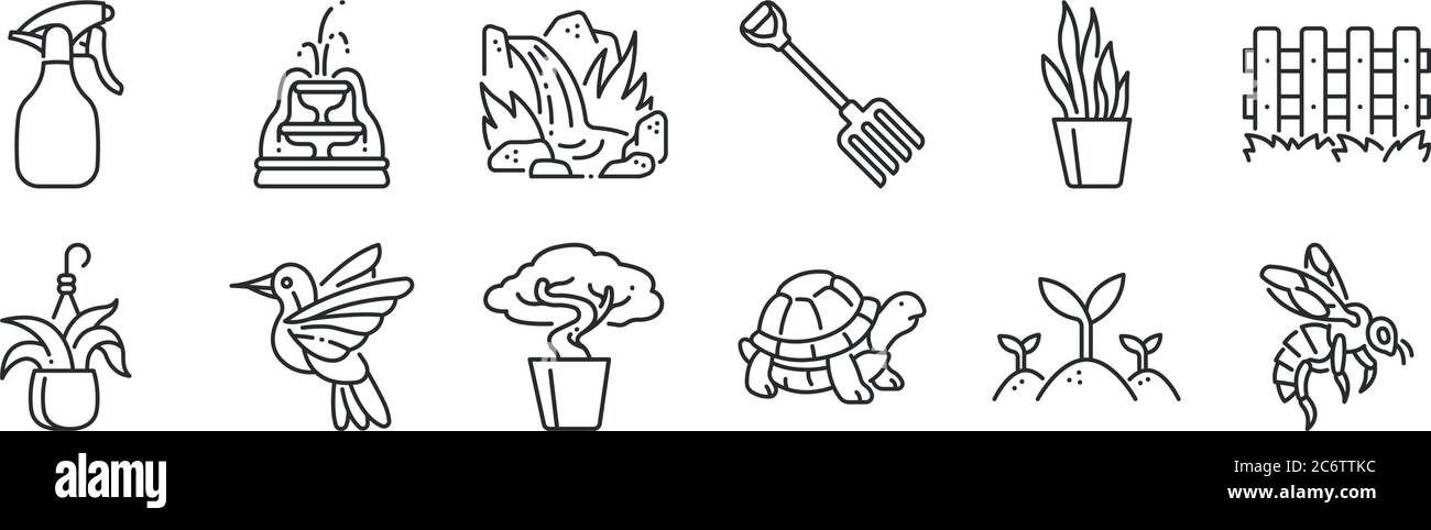 ensemble de 12 icônes de contour mince telles que l'abeille, la tortue, l'oiseau de bourdonnement, la plante de serpent, la cascade, fontaine pour le web, mobile Illustration de Vecteur