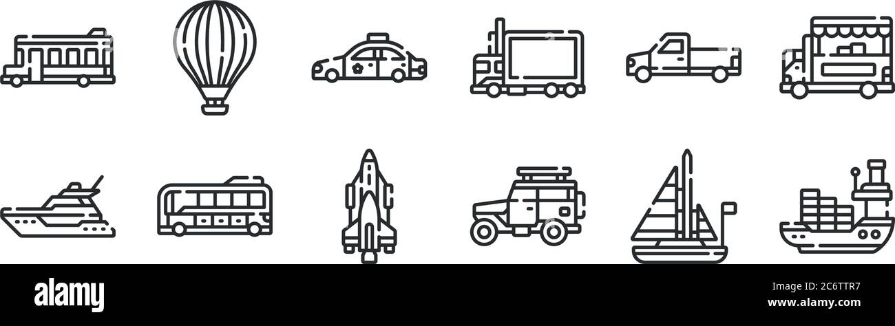 ensemble de 12 icônes de contour mince telles que navire de cargaison, voiture, bus électrique, pick up camion, voiture de police, ballon d'air chaud pour le web, mobile Illustration de Vecteur