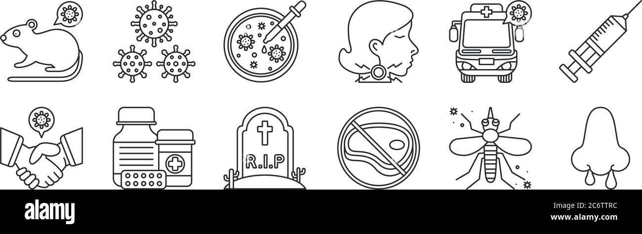 ensemble de 12 icônes de contour mince telles que le snot, la viande crue, la drogue, l'ambulance, la boîte de pétri, coronavirus pour le web, mobile Illustration de Vecteur