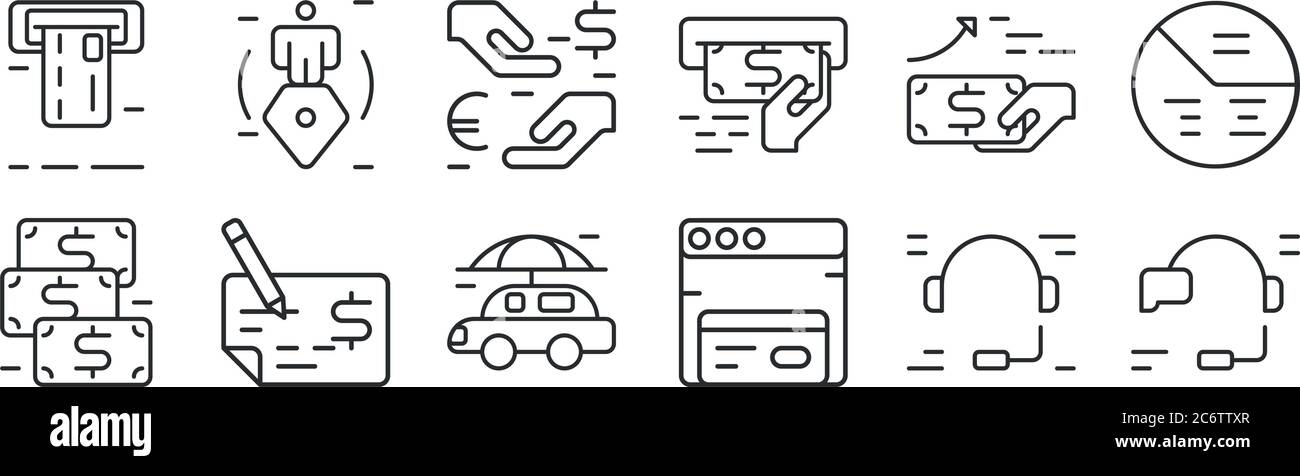 ensemble de 12 icônes de contour mince telles que le soutien, la méthode de paiement, chèque bancaire, revenu, échange d'argent, assurance vie pour le web, mobile Illustration de Vecteur