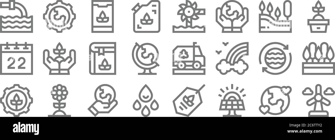 icônes de la ligne de jour de la terre mère. set linéaire. ensemble de lignes de vecteur de qualité telles que l'énergie éolienne, panneau solaire, eau, durable, économiser l'eau, livre écologique, plante Illustration de Vecteur