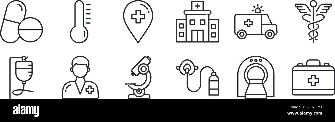 ensemble de 12 icônes de contour mince telles que sac de médecin, masque d'oxygène, infirmière, ambulance, espace réservé, thermomètre pour le web, mobile Illustration de Vecteur
