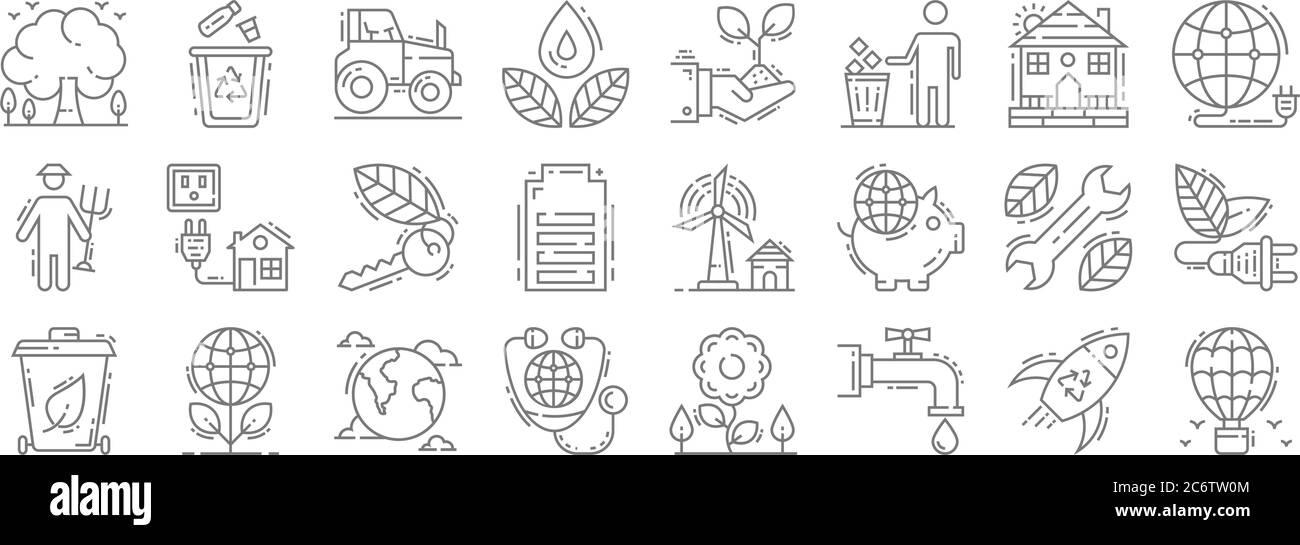 icônes environnement et éco-ligne. set linéaire. ensemble de lignes vectorielles de qualité telles que ballon d'air chaud, robinet d'eau, terre, corbeille, outils de réparation, clé de porte, fr Illustration de Vecteur