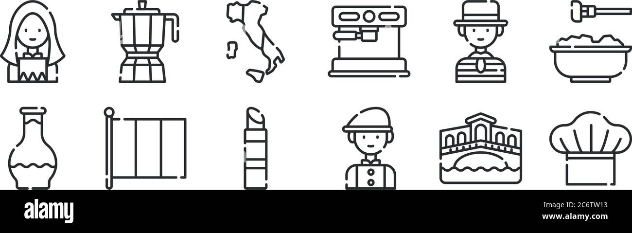 ensemble de 12 icônes de contour mince comme chef, homme, italie, gondolier, italie, cafetière pour le web, mobile Illustration de Vecteur