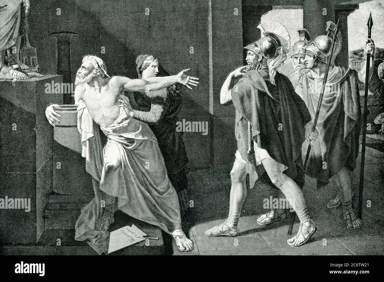 Mort de Demosthenes. La mort de Demosthenes (384-322 av. J.-C.) , un des plus grands orateurs de l'histoire, était aussi tragique que sa vie l'avait été. Il a cherché par son éloquence à préserver la liberté d'Athènes contre Alexandre le Grand et ses successeurs; mais Athènes a été subjugué et Demosthénes s'est enfui pour sa vie, poursuivie par ses ennemis. Ils l'auraient même tiré du temple de Neptune, où il avait cherché refuge, accrochant aux pieds de la statue de dieu. Vu qu'il n'y avait pas d'espoir, il a pris du poison, qu'il avait préparé auparavant. Il est ensuite passé du temple avec calme et dignité, disant : « Banque D'Images