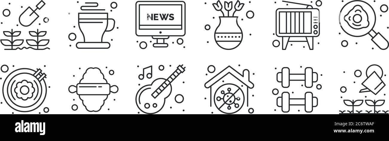 ensemble de 12 icônes de contour mince comme le jardinage, rester à la maison, rouler, télévision, reportage d'actualité, hot cup pour le web, mobile Illustration de Vecteur