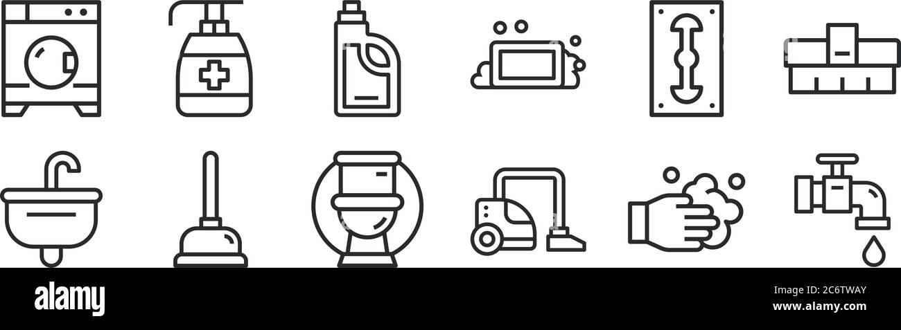 ensemble de 12 icônes de contour mince telles que l'eau, l'aspirateur, l'aspiration, la lame de rasoir, le détergent, antibactérien pour le web, mobile Illustration de Vecteur