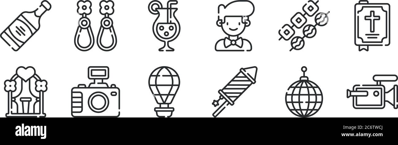 ensemble de 12 icônes à contour fin telles que caméra vidéo, feux d'artifice, caméra photo, encas, cocktail, boucles d'oreilles pour le web, mobile Illustration de Vecteur