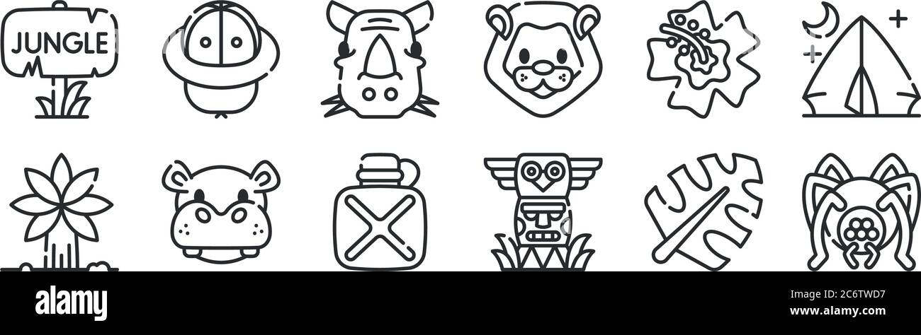 ensemble de 12 icônes de contour mince telles que l'araignée, totem, hippopotame, fleur, rhinocéros, chapeau pour le web, mobile Illustration de Vecteur