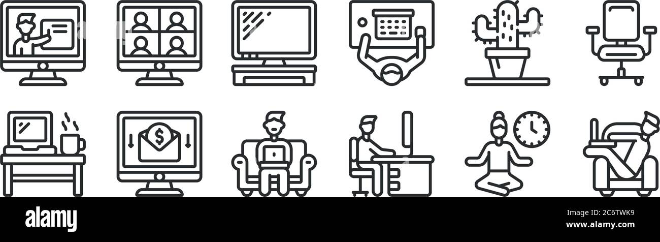 ensemble de 12 icônes de contour mince telles que freelance, travail, argent en ligne, cactus, écran d'ordinateur, appel vidéo pour le web, mobile Illustration de Vecteur