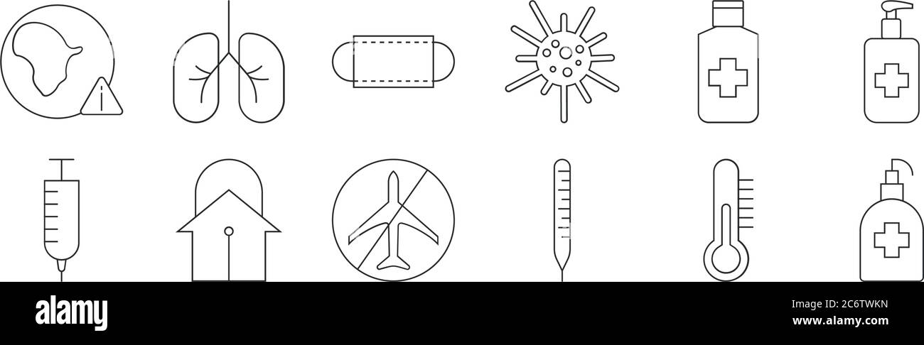 ensemble de 12 icônes de contour mince telles que l'assainisseur pour les mains, thermomètre, quarantaine, désinfectant pour les mains, masque, poumons pour le web, mobile Illustration de Vecteur