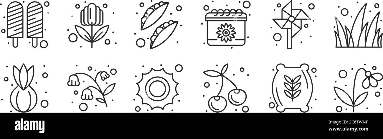 ensemble de 12 icônes de contour mince telles que tulipe, tomate cerise, fleurs, pinwheel, pois, fleur pour le web, mobile Illustration de Vecteur