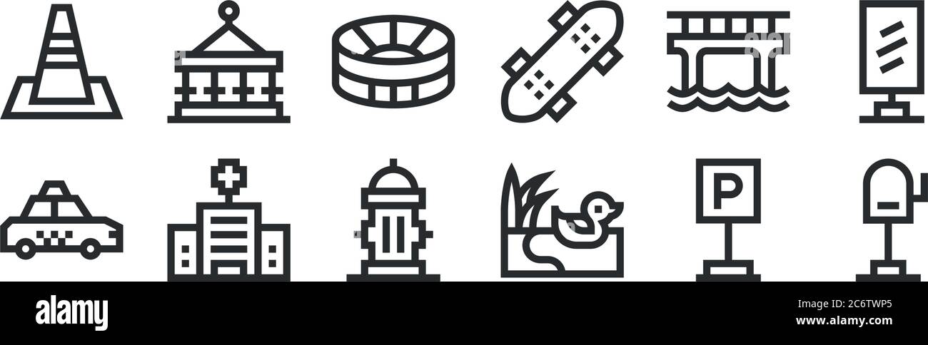 ensemble de 12 icônes de contour mince telles que boîte aux lettres, canard, hôpital, pont, terrain de football, carrousel pour le web, mobile Illustration de Vecteur