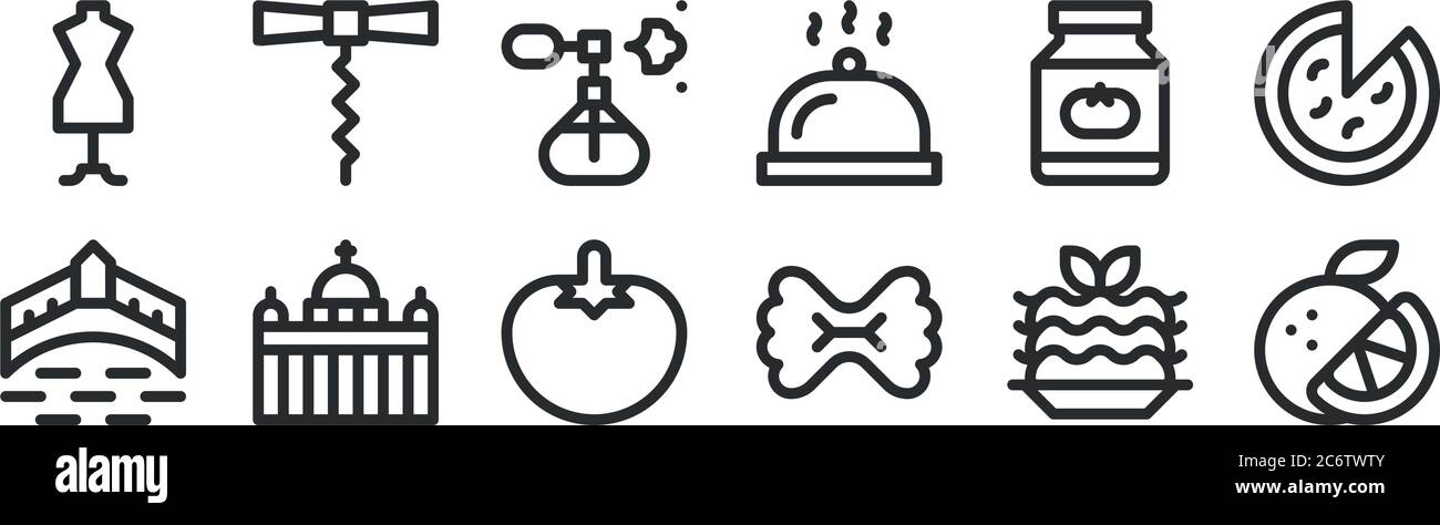 ensemble de 12 icônes de contour mince telles que l'orange, les pâtes, la cité du vatican, la sauce tomate, le spray de parfum, la tire-bouchon pour le web, mobile Illustration de Vecteur