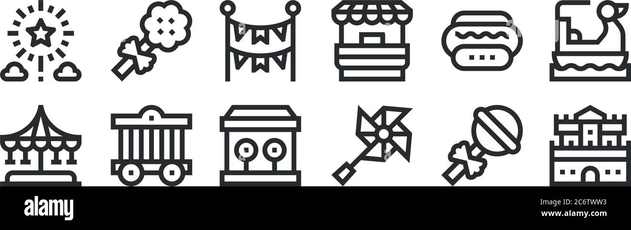 ensemble de 12 icônes de contour mince comme le château, roue dentée, cage, hot dog, guirlandes, bonbons de coton pour le web, mobile Illustration de Vecteur