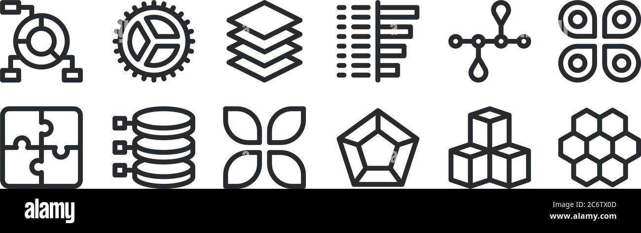 ensemble de 12 icônes de contour mince telles que nid d'abeille, hexagone, graphique, échéance, couches, paramètres pour le web, mobile Illustration de Vecteur