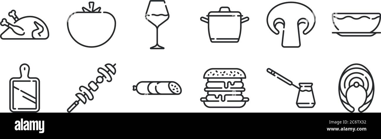 ensemble de 12 icônes de contour mince telles que poisson, hamburger, barbecue, champignon, verre de vin, tomate pour le web, mobile Illustration de Vecteur