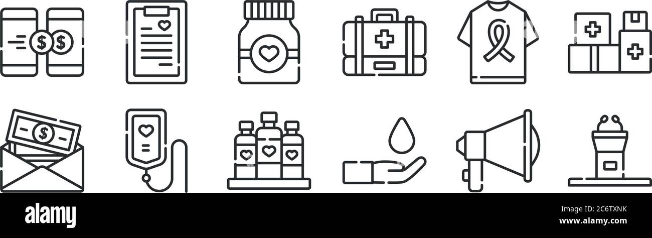 ensemble de 12 icônes de contour mince telles que la parole, sauver l'eau, don de sang, tee-shirt, médecine, charité pour le web, mobile Illustration de Vecteur