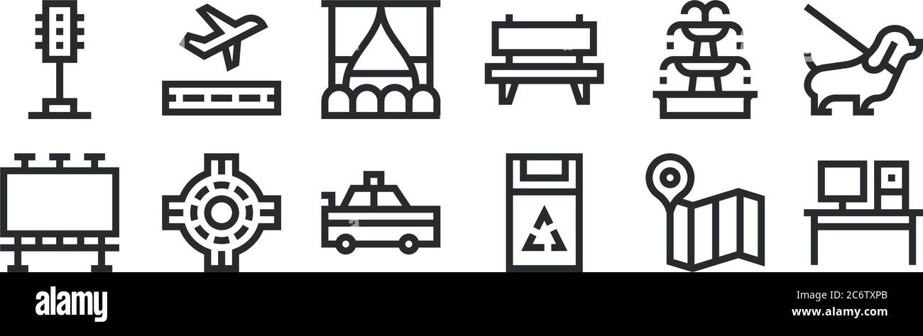 ensemble de 12 icônes de contour mince comme bureau, poubelle, rond-point, fontaine, film, aéroport pour le web, mobile Illustration de Vecteur