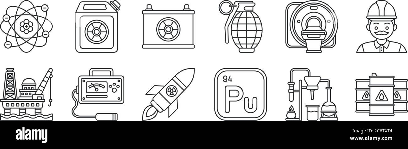 ensemble de 12 icônes de contour mince telles que pétrolier, plutonium, compteur geiger, scanner ct, batterie, combustible pour web, mobile Illustration de Vecteur