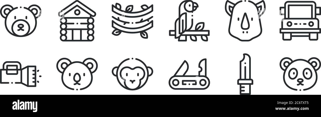 ensemble de 12 icônes de contour mince telles que l'ours panda, couteau suisse, koala, rhinocéros, vignes, maison en bois pour le web, mobile Illustration de Vecteur