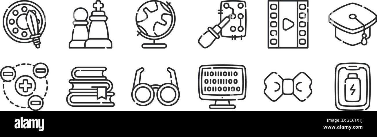 ensemble de 12 icônes de contour mince telles que smartphone, codage, livres, film, géographie, échecs pour le web, mobile Illustration de Vecteur