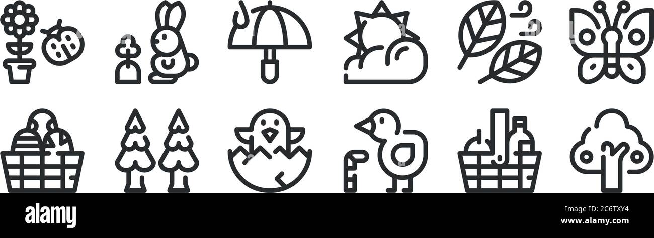 ensemble de 12 icônes de contour mince telles que l'arbre, le poulet, l'arbre, la tondeuse à gazon, le parapluie, le lapin pour la toile, mobile Illustration de Vecteur