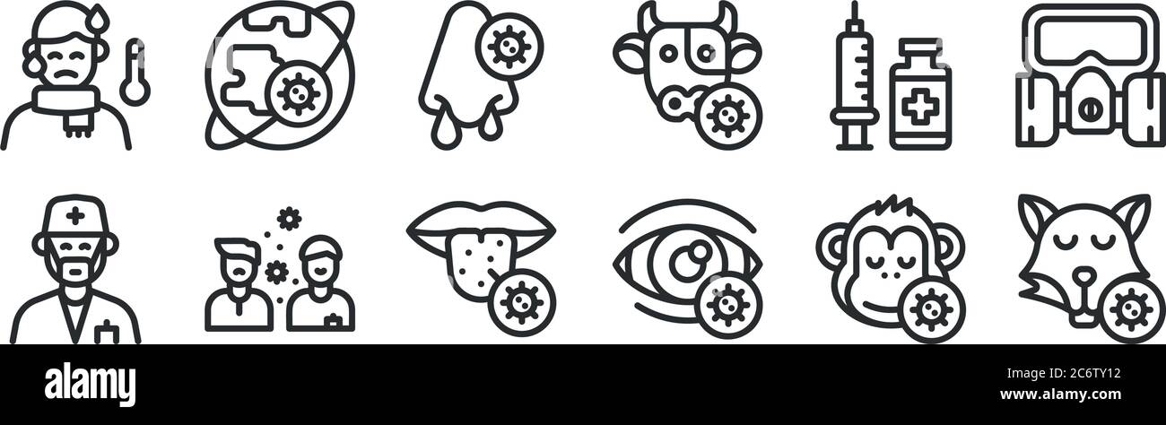 ensemble de 12 icônes de contour mince telles que le renard, l'oeil, la transmission de virus, vaccin, snot, monde entier pour le web, mobile Illustration de Vecteur