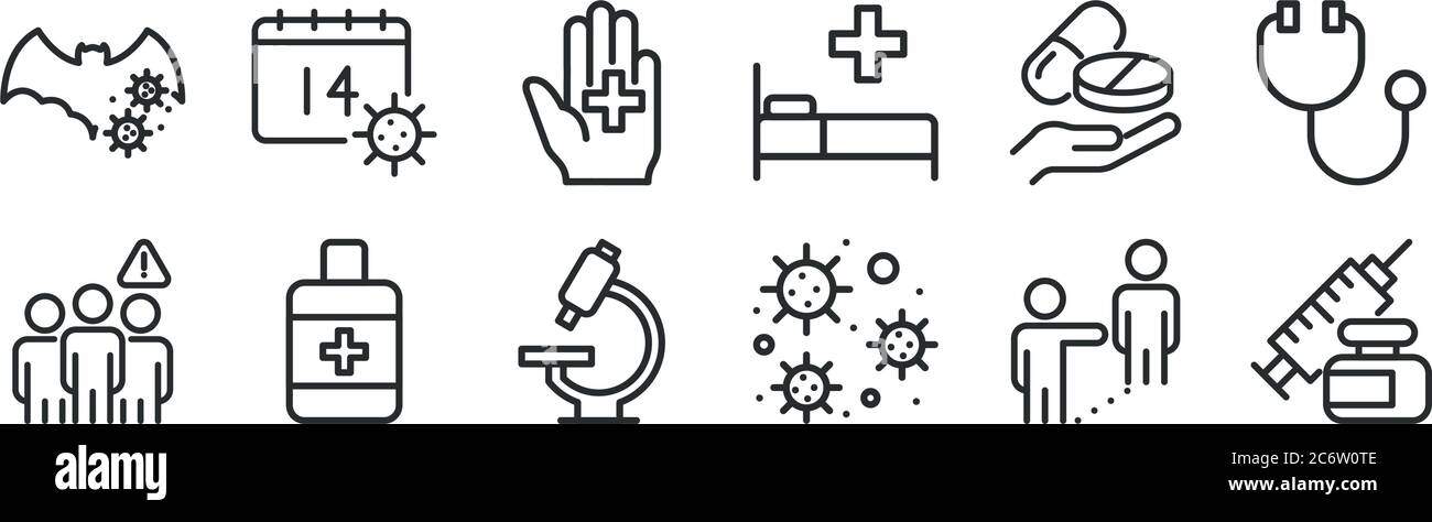 ensemble de 12 icônes de contour mince telles que l'injection, coronavirus, gel d'alcool, médecine, lavage des mains, jour pour le web, mobile Illustration de Vecteur