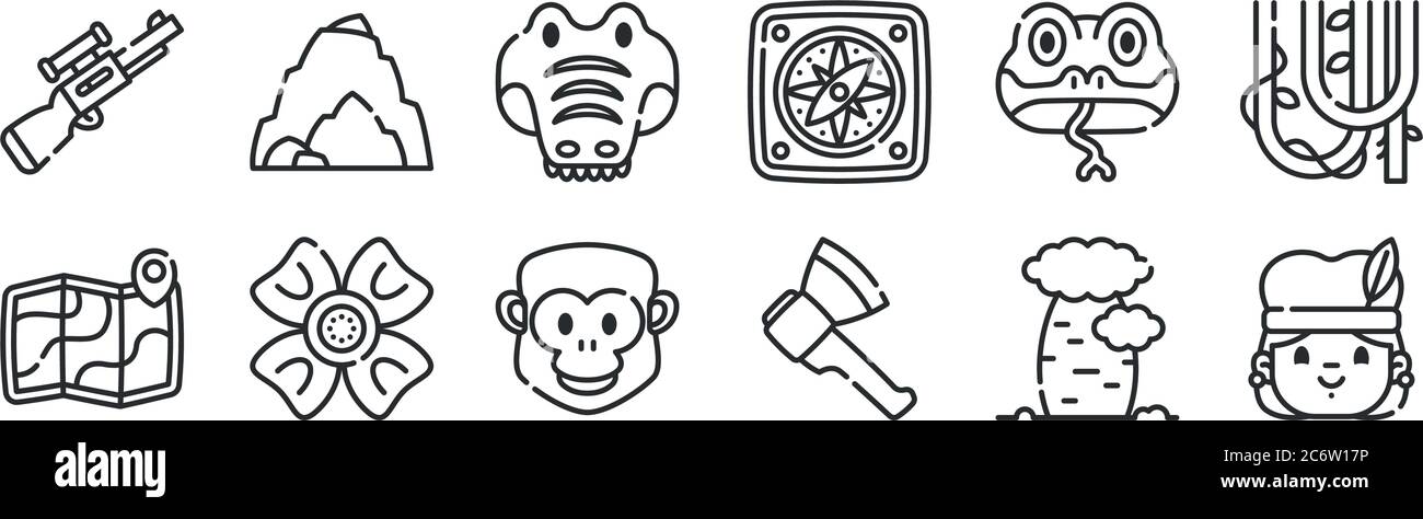 ensemble de 12 icônes de contour mince telles que l'origine, l'hache, la fleur, le serpent, l'alligator, grotte pour web, mobile Illustration de Vecteur