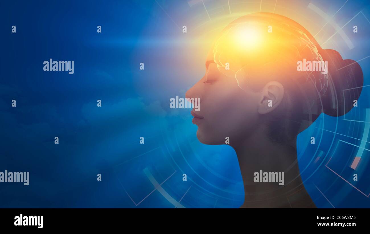 Profil Portrait féminin avec cerveau éclairé sur fond bleu, collage Banque D'Images