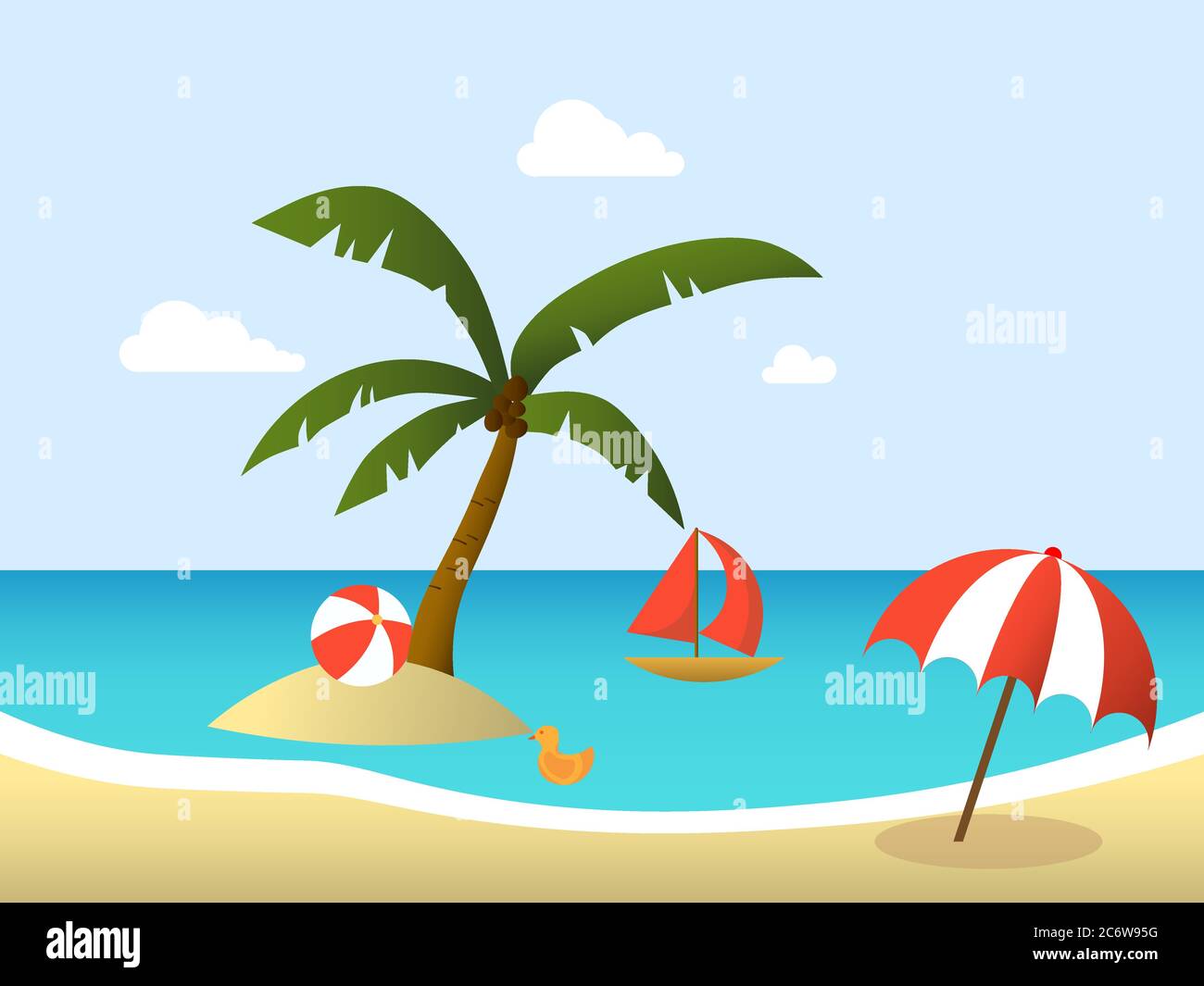 illustration vectorielle de la plage d'été dans une île tropicale avec un parapluie, une balle, un bateau et un palmier. modèle de fond de la saison d'été. Illustration de Vecteur