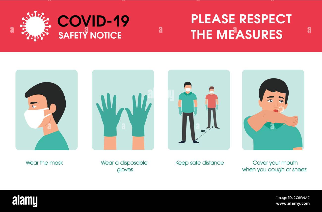 Mesures de sécurité du coronavirus Covid-19 porter un masque, des gants jetables et garder une distance sécuritaire, couvrir la bouche lorsque vous toussez et éternuez Illustration de Vecteur