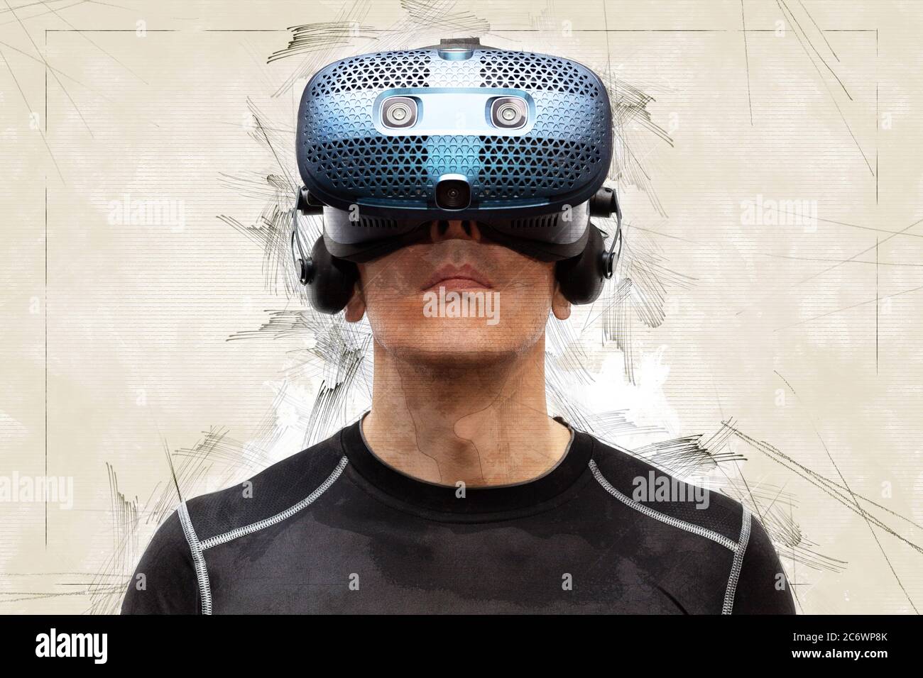 Homme dans un monde peint avec le casque de réalité virtuelle regardant vers le haut Banque D'Images