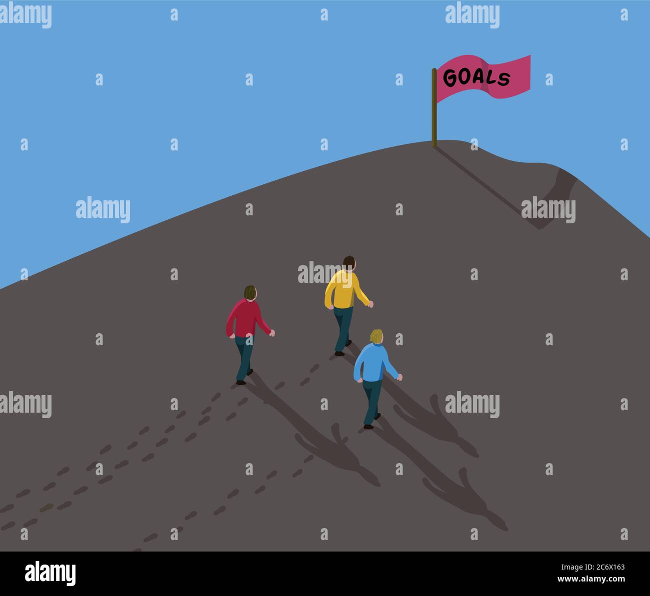 Objectif Atteindre Le Concept Atteindre L Objectif Trois Hommes Marchant Dans Salete Jusqu A La Colline Avec Le Signe Rouge Des Objectifs De Texte Image Vectorielle Stock Alamy
