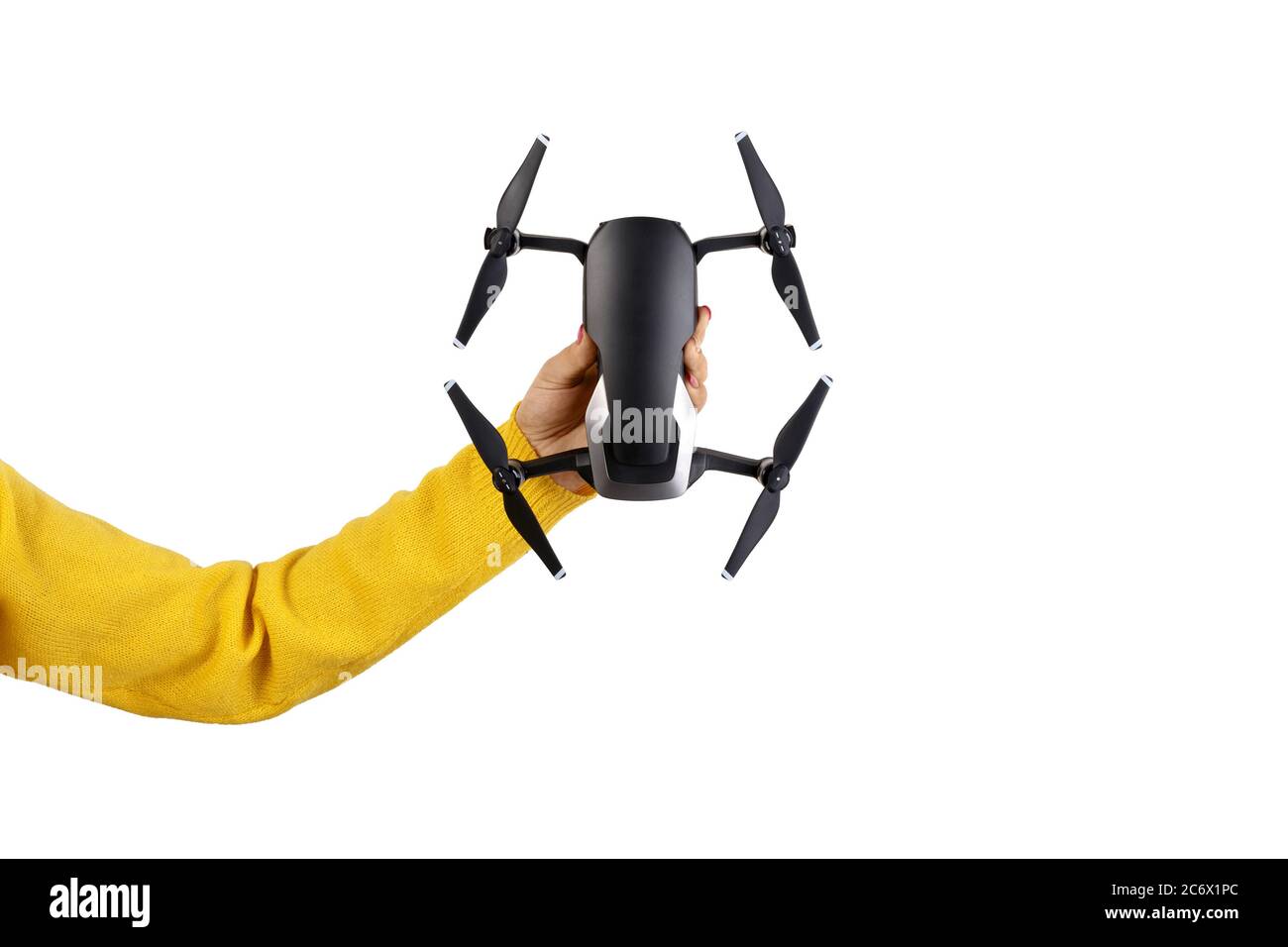 dji mavic air en main, isolé sur fond blanc Banque D'Images