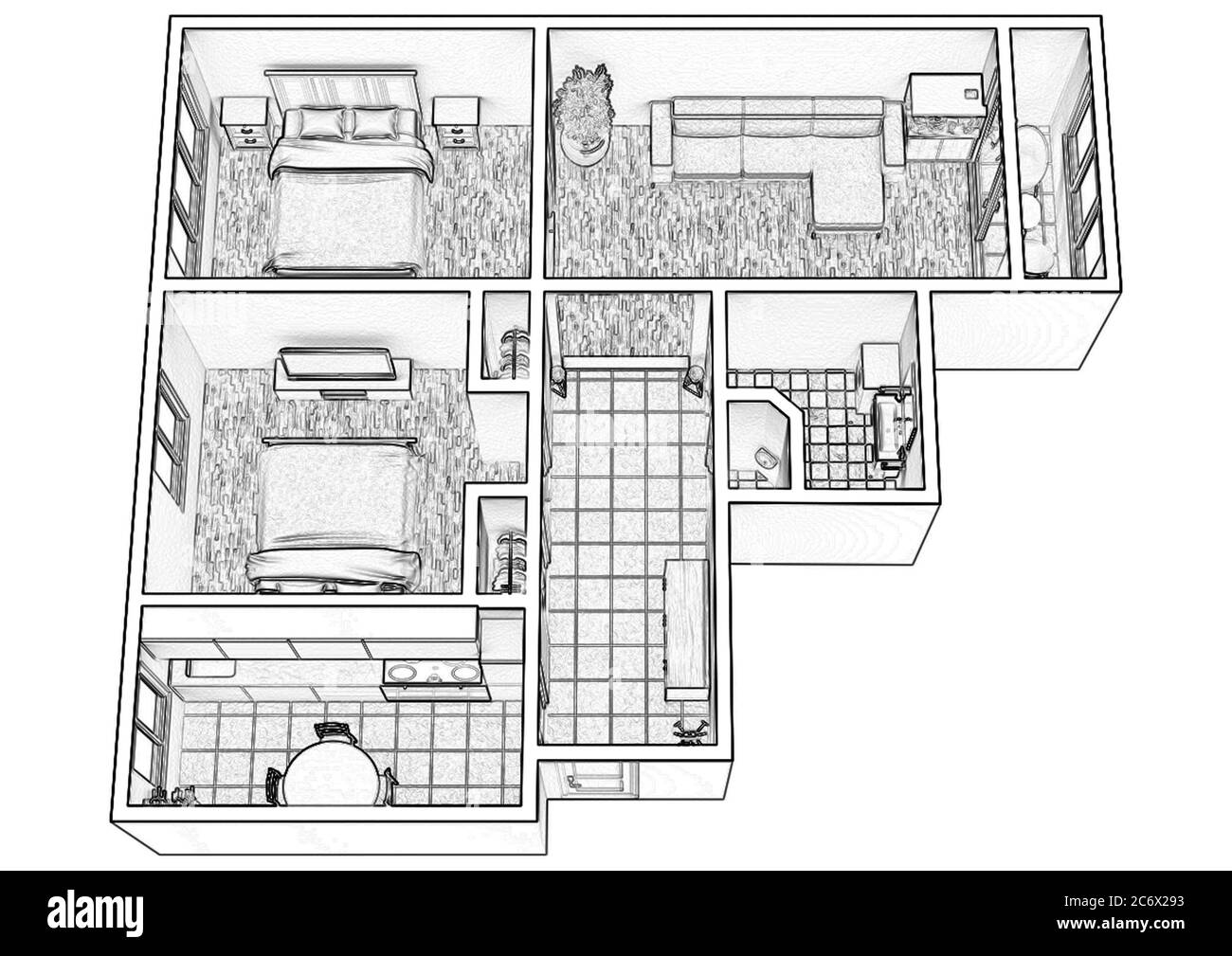 plan d'étage 3d. Plan d'étage noir et blanc. Illustration 3D, esquisse, contour. Banque D'Images