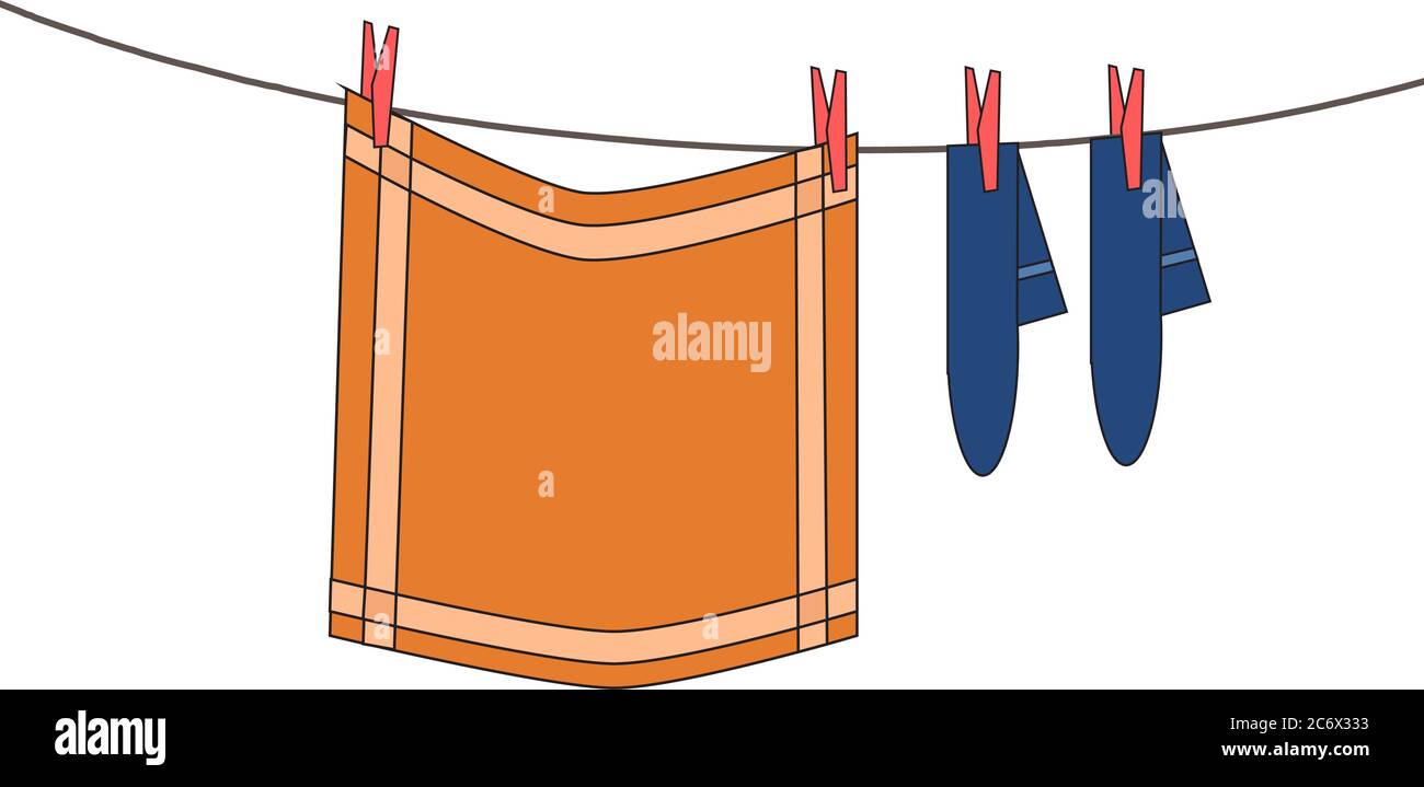 ligne de vêtements avec linge à vaisselle orange lavé suspendu et chaussettes bleues avec chevilles rouges Illustration de Vecteur