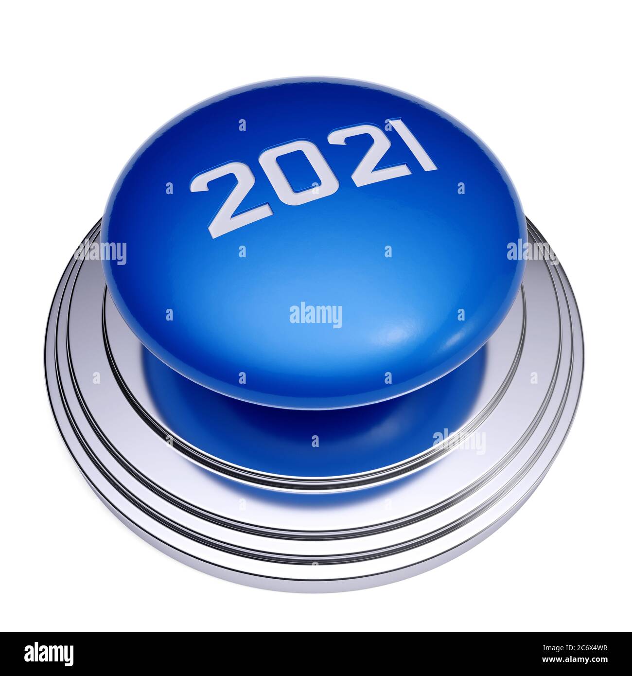 Rendu 3d du bouton-poussoir bleu du nouvel an 2021 isolé sur fond blanc Banque D'Images