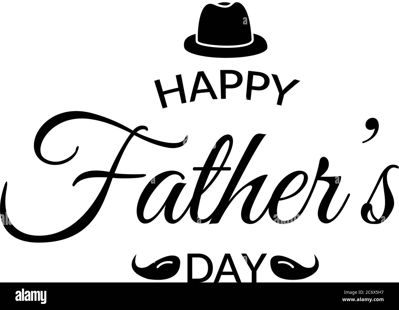 Carte de vœux de fête des pères. Lettrage Calligraphe Design en noir isolé sur fond blanc. Inscription de la fête des Pères heureux avec chapeau fedora et Illustration de Vecteur