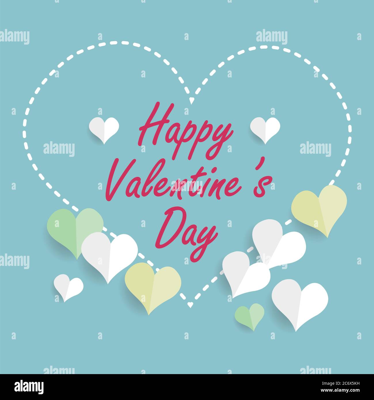 Carte de voeux Happy Valentin avec coeur blanc cousu forme et papier vert et jaune couper les coeurs avec des ombres isolé sur bleu Illustration de Vecteur