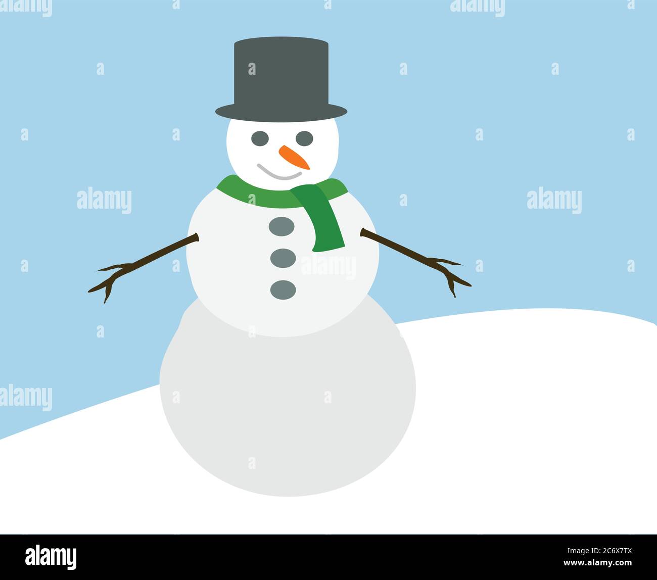 bonhomme de neige mignon avec chapeau foulard vert et les mains de branche  et nez de carotte debout sur la colline de neige dessin animé vecteur  simple Image Vectorielle Stock - Alamy