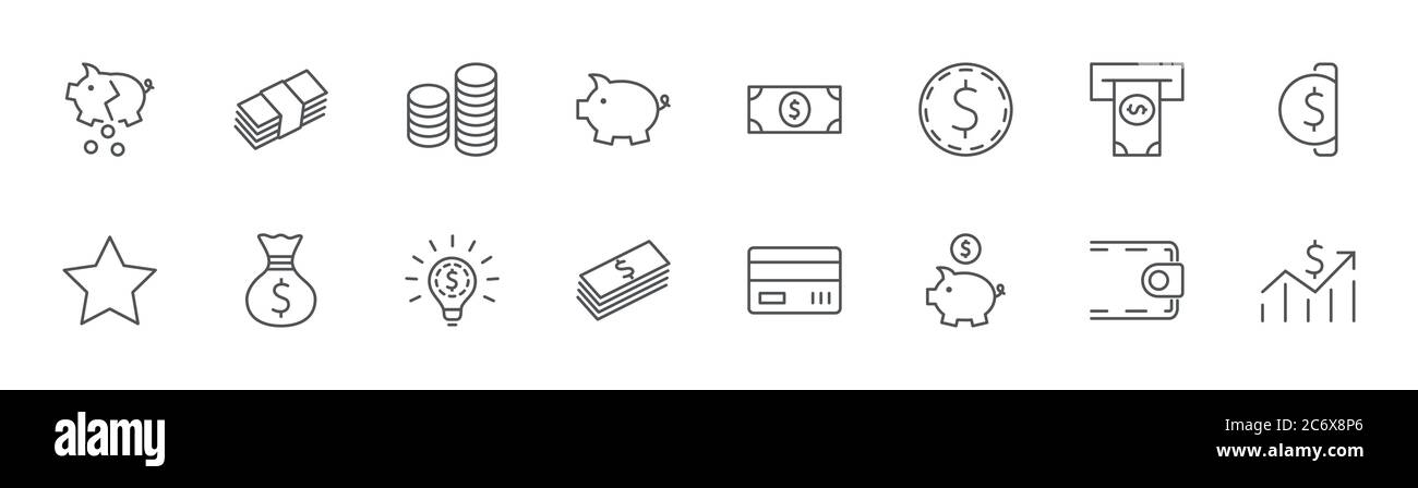 Icônes de ligne liées à l'argent. Icônes Sac d'argent, Banque , Portefeuille, ATM. Contour modifiable Illustration de Vecteur