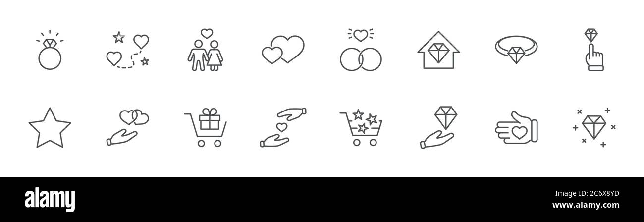 Icônes de la ligne de jour internationale des bijoutiers. J'adore les anneaux de mariage en famille. Contour modifiable Illustration de Vecteur