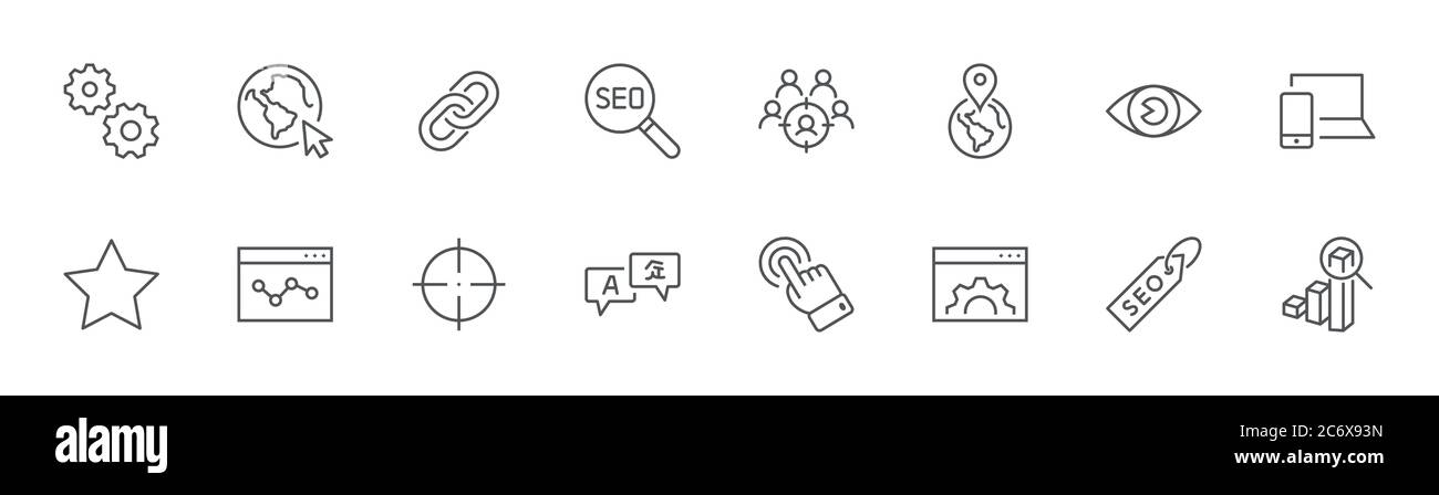 Icônes de ligne SEO. Icône Web, œil, Localisation, lien, traduire. Contour modifiable Illustration de Vecteur