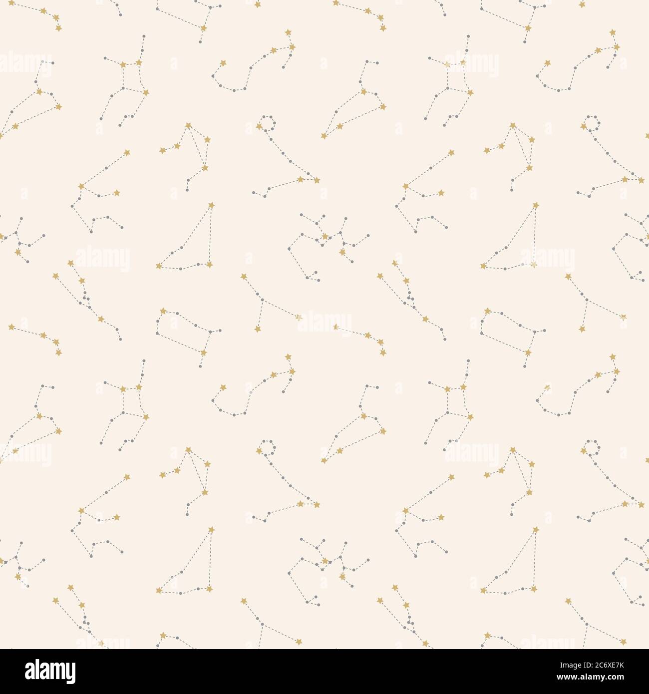 Constellations de zodiaque à motif sans couture. Zodiaque avec étoiles et ligne pointillée en or et gris pour l'impression ou le tissu. Illustration de Vecteur