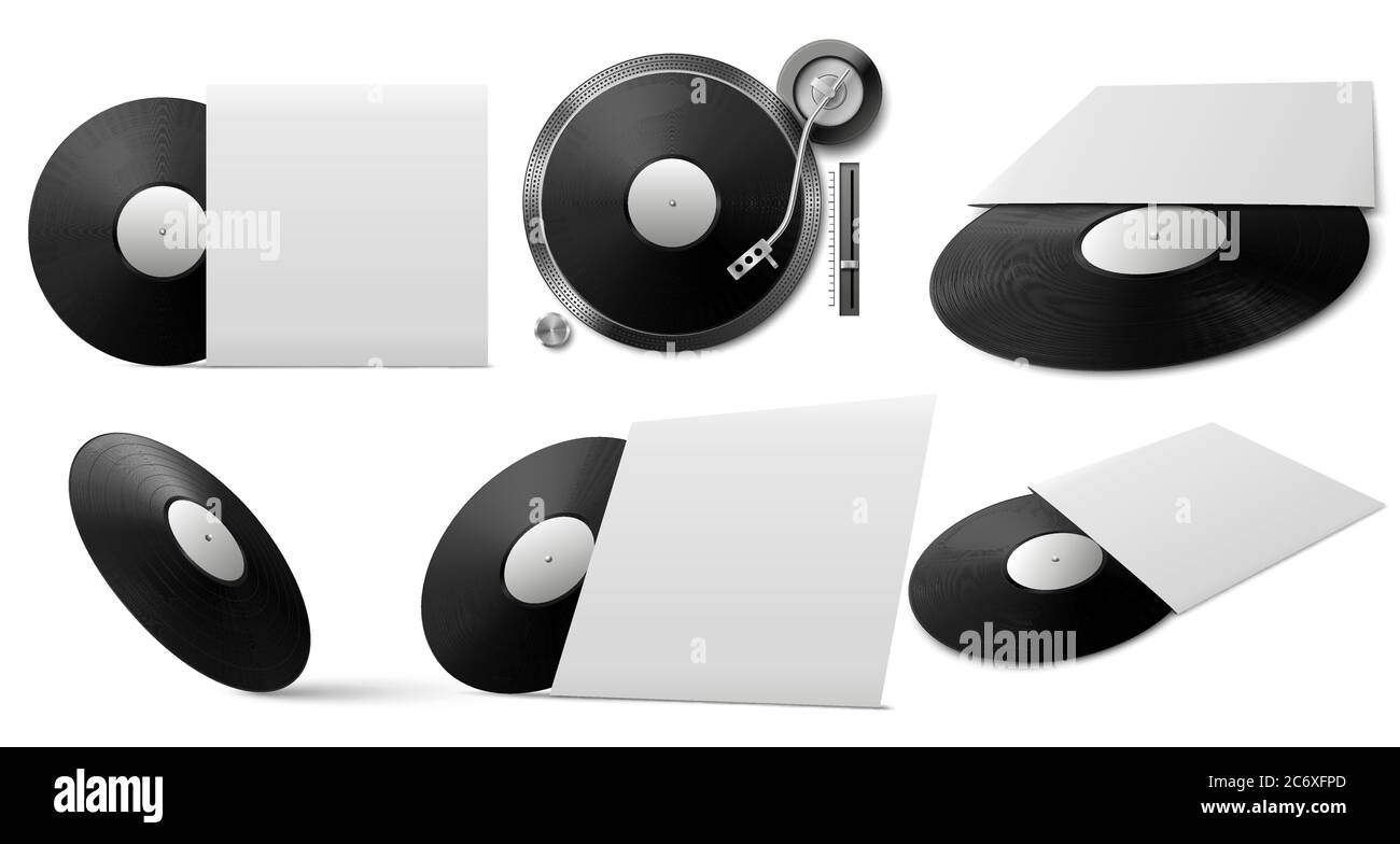 Maquette de vinyle. Disque vinyle noir réaliste avec couverture sous différents angles, objet musical pour la fête disco, modèle vectoriel de juke-box Illustration de Vecteur